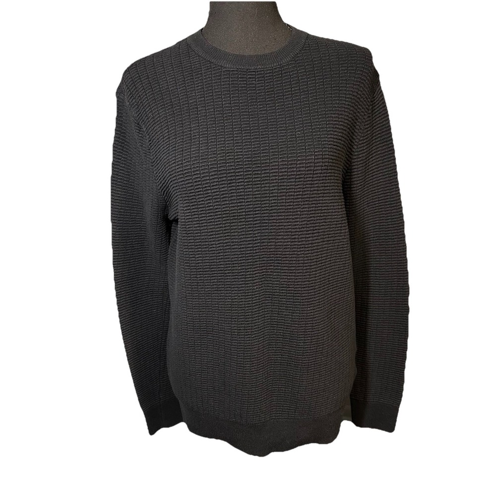 Halston Cashmere Cotton Blend Waffle Knit Crewneck Sweater Men MED Black Preppy